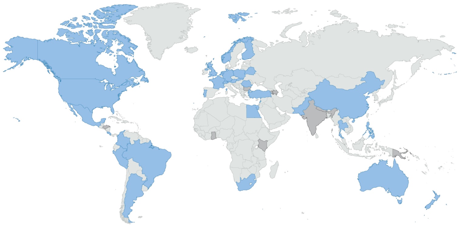 Países membros (a azul) e associados (a cinza escuro) do iBOL